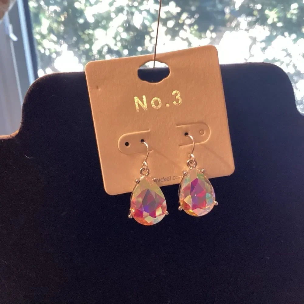 Iridescent Teardrop Earrings in Silvertone Basket Setting